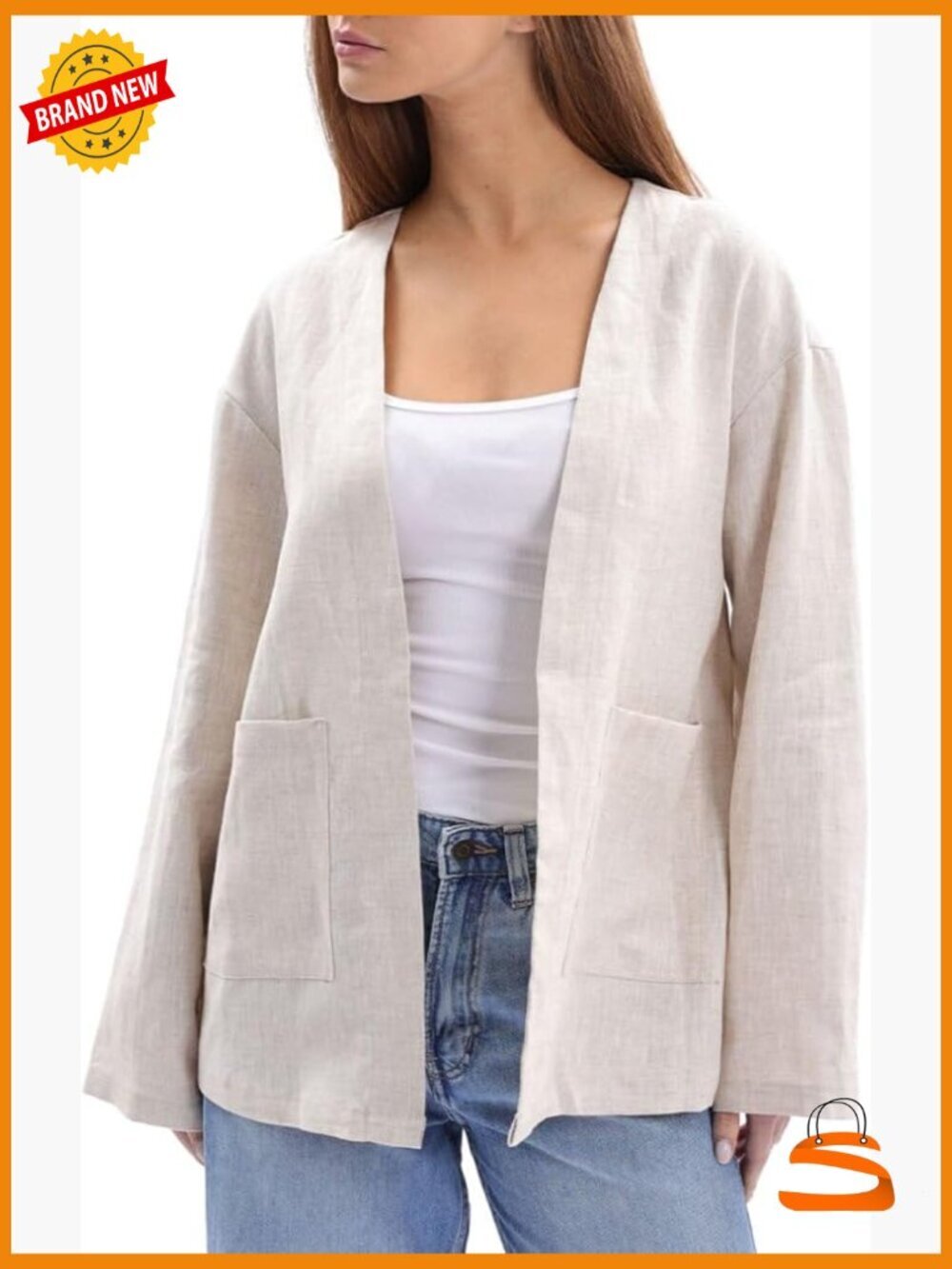 100% Linen Open-Front Cardigan with Pockets Long Sleeve Lightweight
